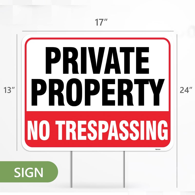 Venicor 2PC Private Property No Trespassing Sign with Metal Stakes, 17"x13" - Corrugated Plastic - No Trespass Keep Out Warning Security Signage for Home Outdoor Yard - Image 3